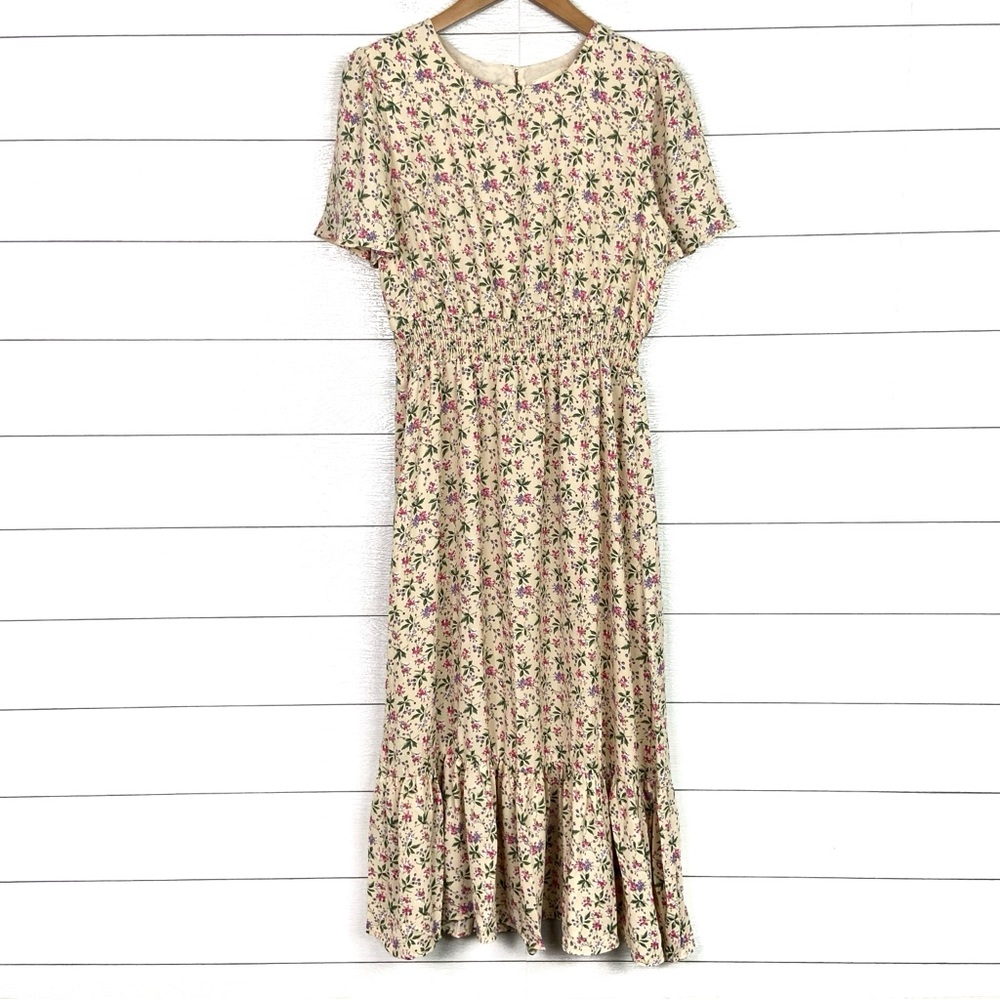 THREE BIRD NEST Floral Midi Dress Modest Pretty Boho Medium Cream Pink Purple